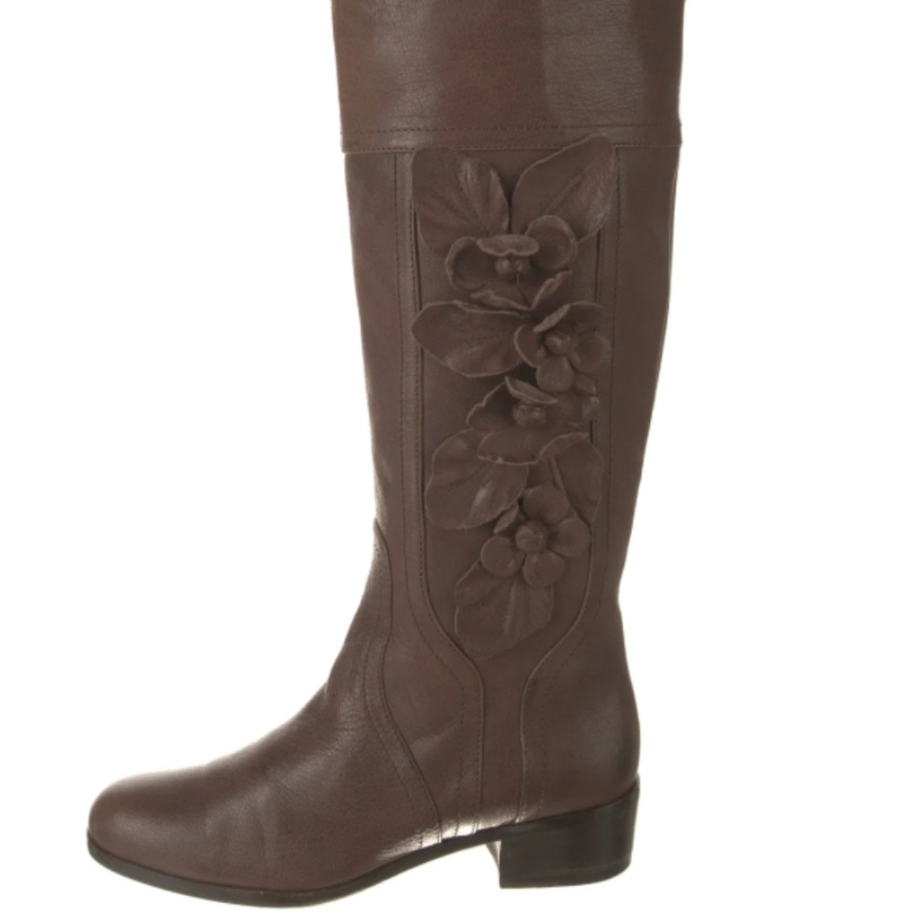 Valentino Garavani brown leather floral appliqué riding knee-high boots size 38.